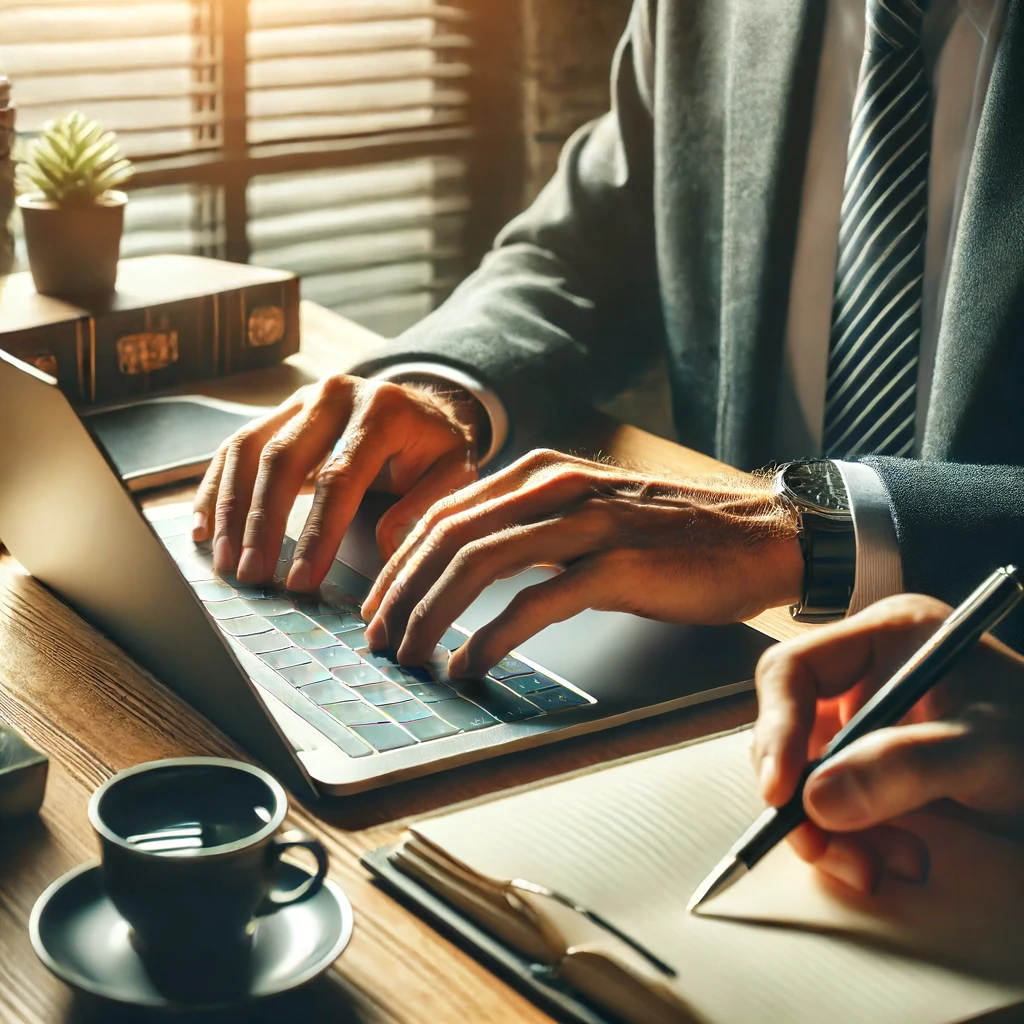 Geschäftsprofi tippt auf einem Laptop, während er während eines Meetings Notizen macht - Dankes-E-Mail-Vorlagen für Meetings im Jahr 2024