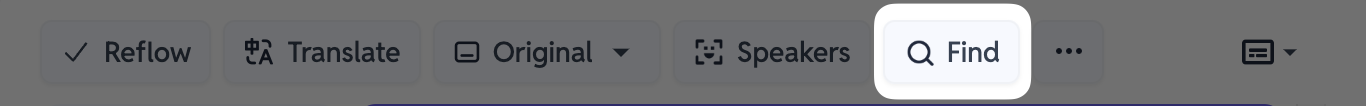 SubEasy.ai에서 전사된 콘텐츠 내 특정 텍스트나 구문을 빠르게 찾기 위한 Find 버튼