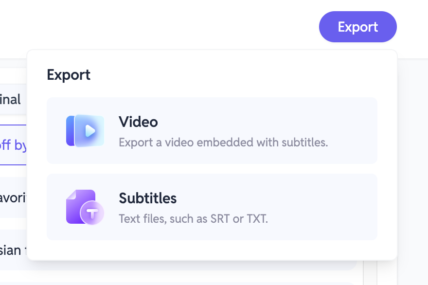 SubEasy.ai Exportoptionen für Videos und Untertitel, die es Benutzern ermöglichen, eingebettete Videos oder Untertiteldateien in Formaten wie SRT oder TXT herunterzuladen