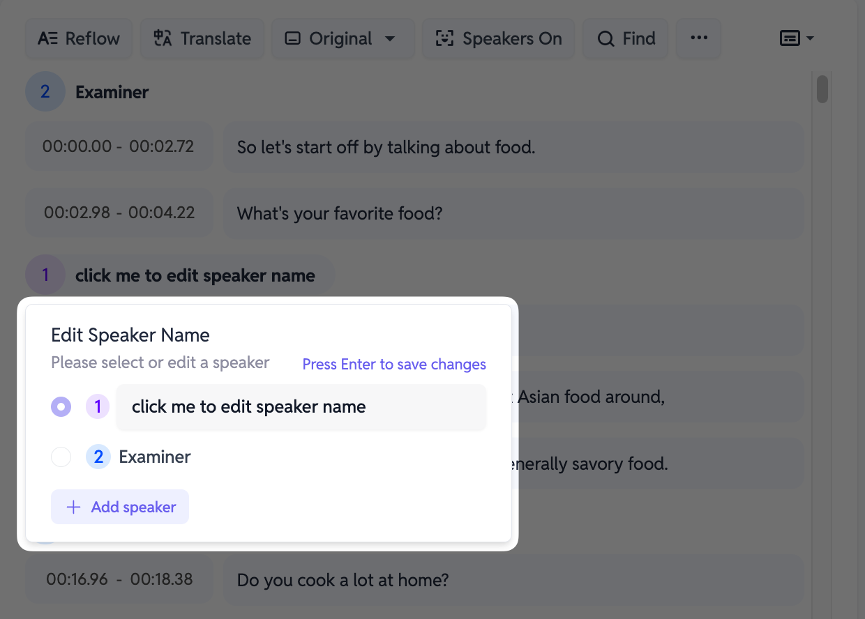 SubEasy.ai feature for editing speaker names in transcriptions, allowing customization and accurate labeling of speakers