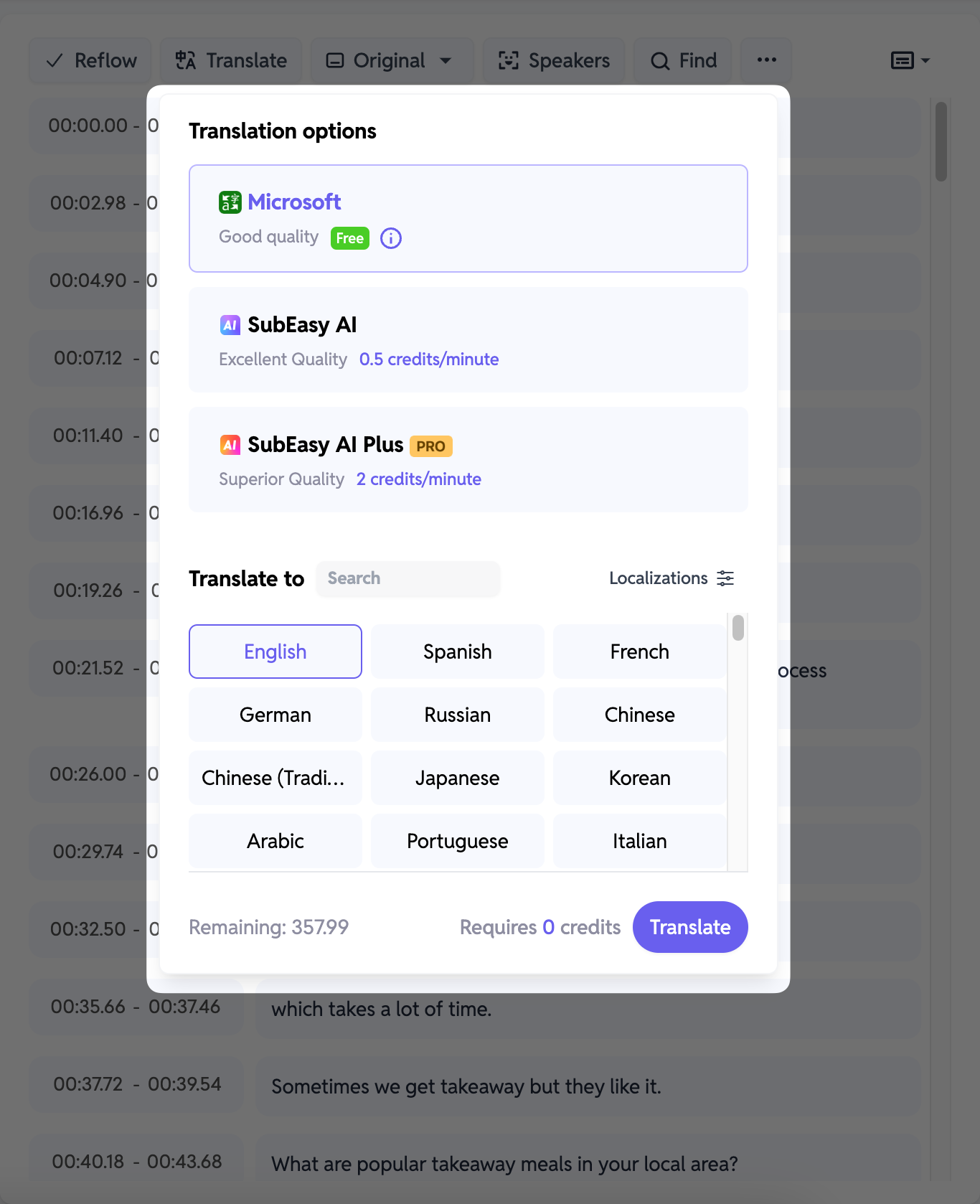 SubEasy.ai Übersetzungsoptionen für transkribierte Inhalte, die mehrere Sprachoptionen und Qualitätsstufen bieten