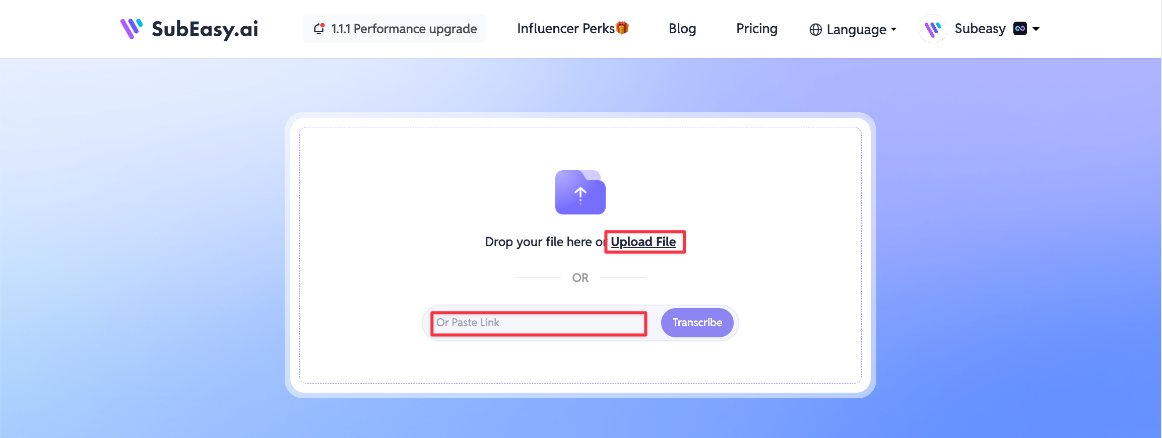 SubEasy.ai interface showing options for uploading a file or pasting a link to transcribe videos effortlessly, helping users organize interviews and meeting notes efficiently