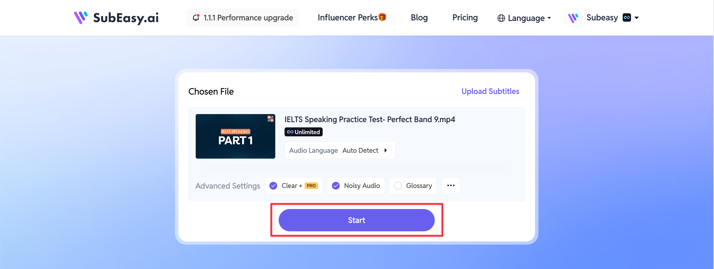 SubEasy.ai interface confirming video file upload with advanced settings for clear audio, noise reduction, and glossary options, making it easy to start transcribing content effectively