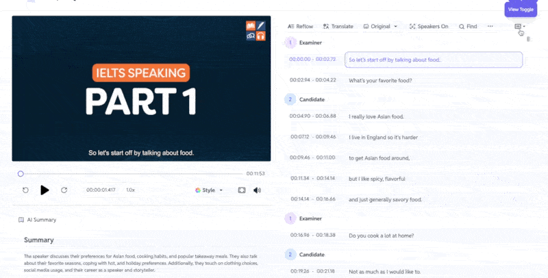 Interfaz de SubEasy.ai mostrando cómo cambiar a la vista de Transcripción, permitiendo a los usuarios ver un texto resumido generado por IA junto con la transcripción original, mejorando la organización y revisión del contenido