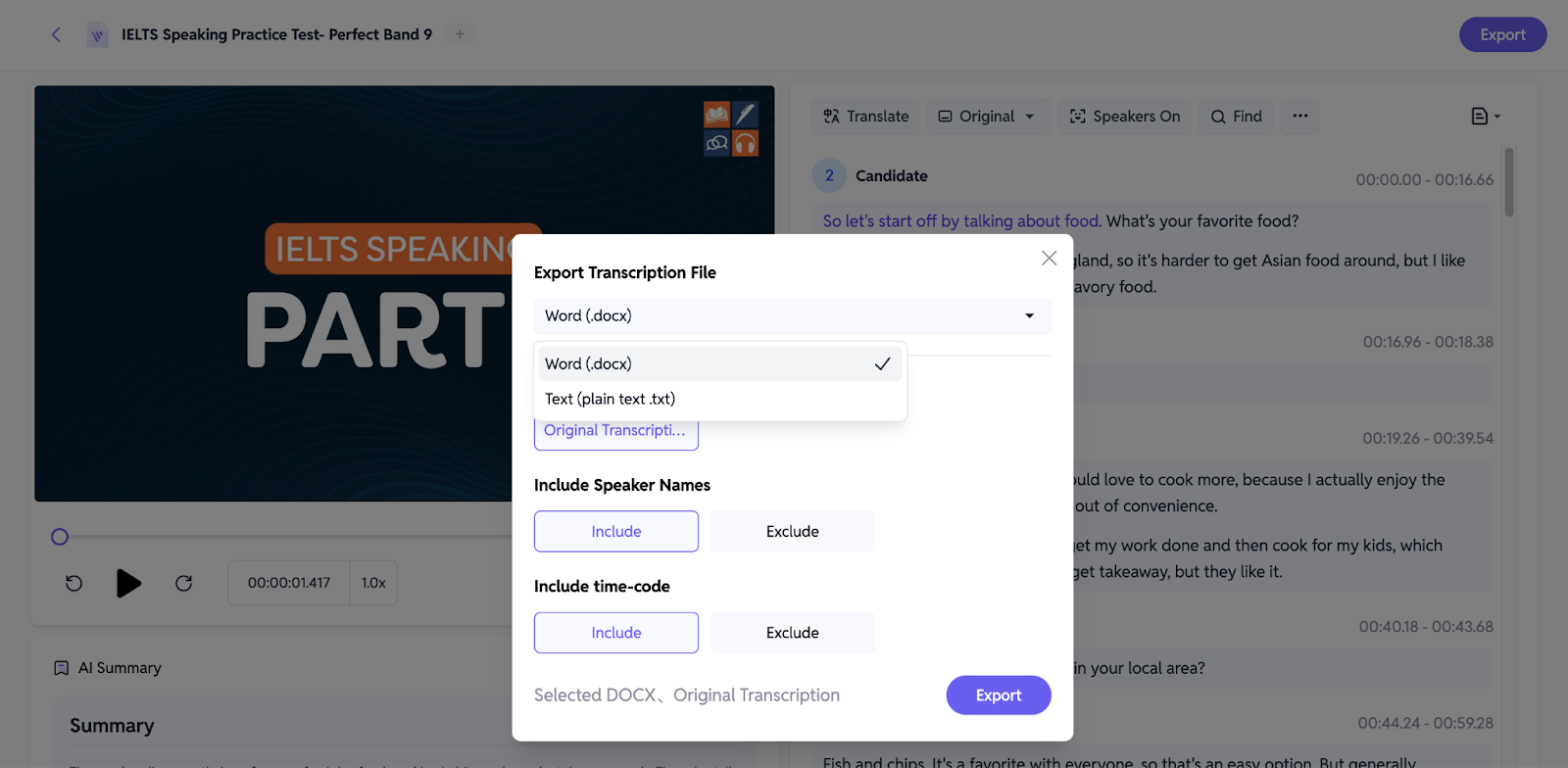 SubEasy.ai interface showing options for exporting transcriptions in various formats like Word and plain text, with the ability to include or exclude speaker names and time-codes for better customization