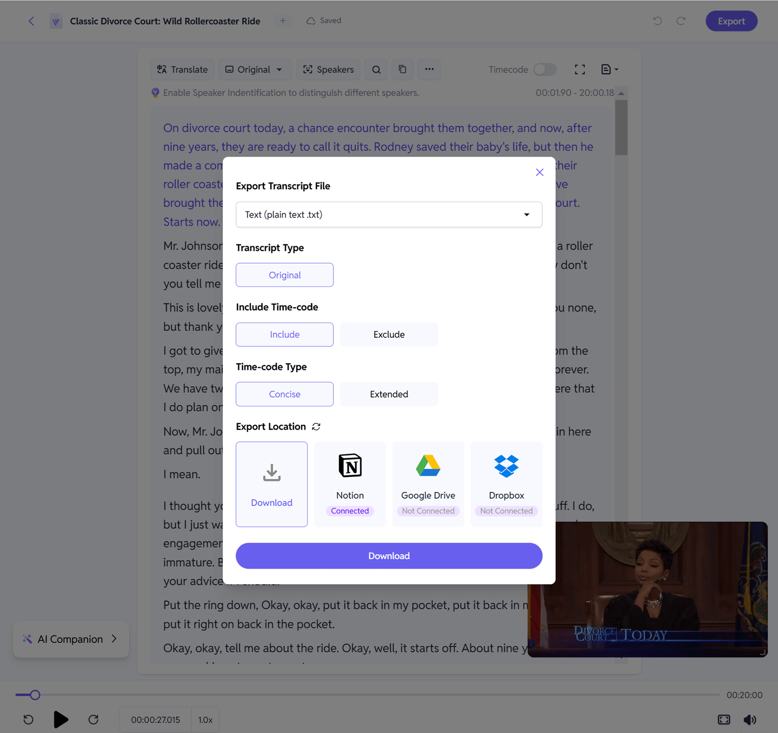 Export the transcription in your preferred format