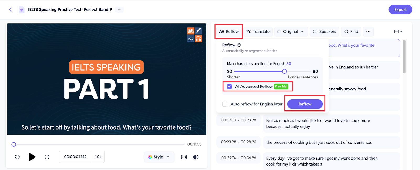 Impostazioni AI Reflow su SubEasy.ai - Screenshot di SubEasy.ai che mostra le impostazioni AI Reflow, permettendo agli utenti di personalizzare come i loro sottotitoli vengono automaticamente regolati e formattati per una migliore leggibilità.