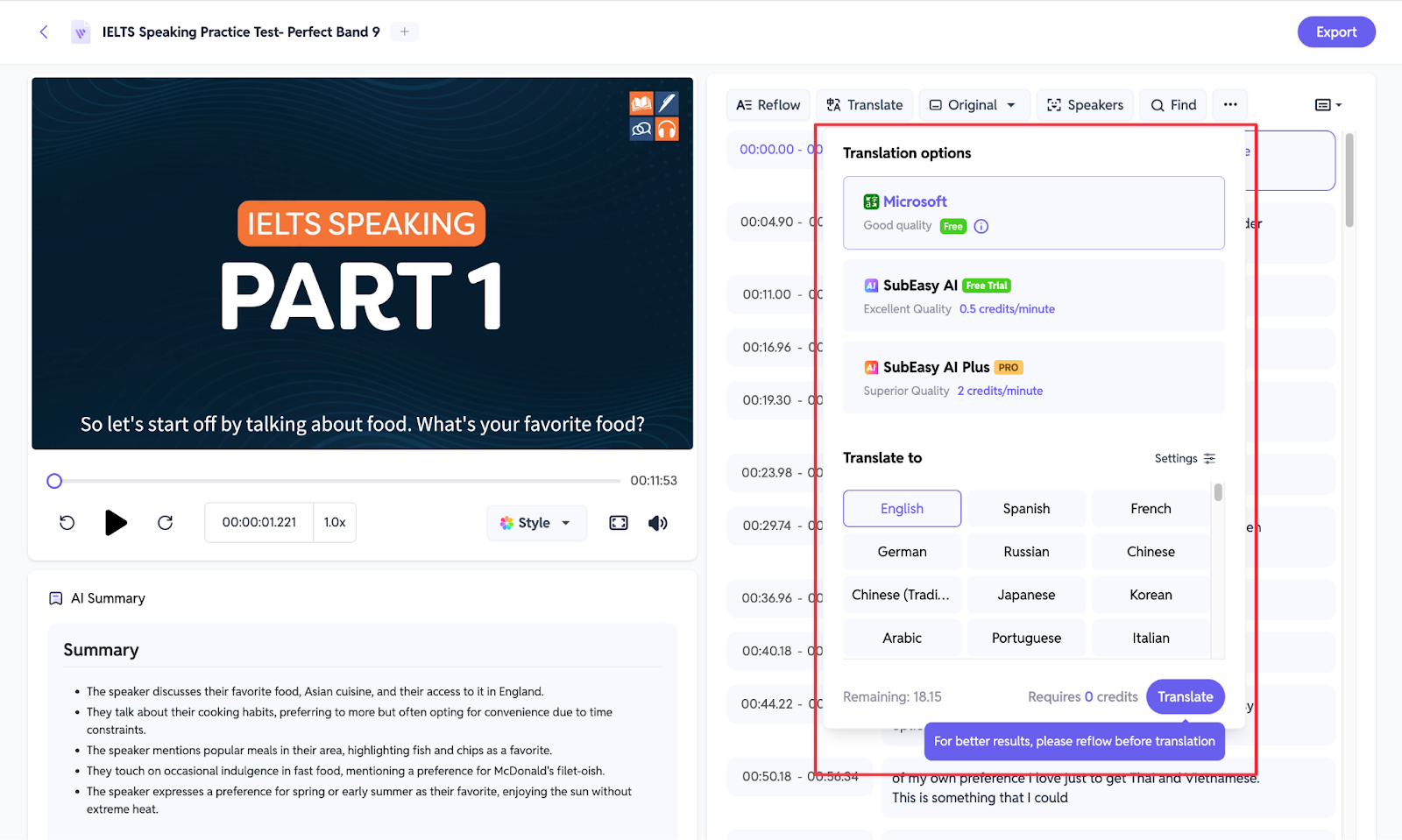 Options de traduction par IA sur SubEasy.ai - Capture d'écran de SubEasy.ai présentant les options de traduction par IA, permettant aux utilisateurs de sélectionner différentes langues pour des traductions de sous-titres précises et contextuelles.