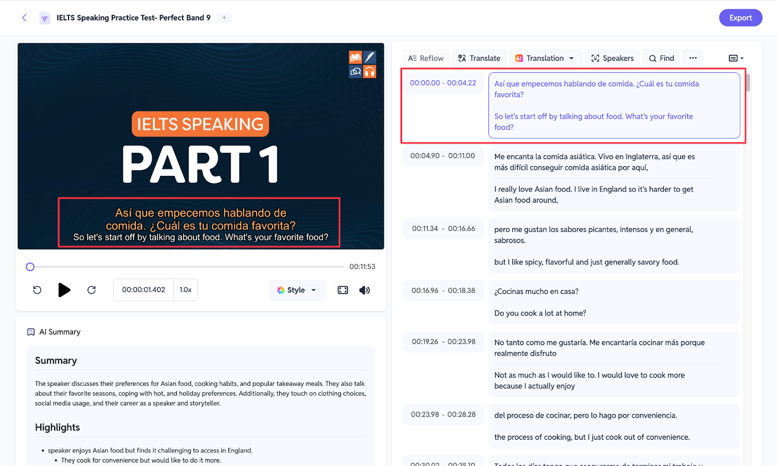 Resultados da Tradução com IA no SubEasy.ai - Captura de ecrã demonstrando a eficácia da tradução com IA no SubEasy.ai, mostrando a tradução precisa de legendas em diferentes idiomas.