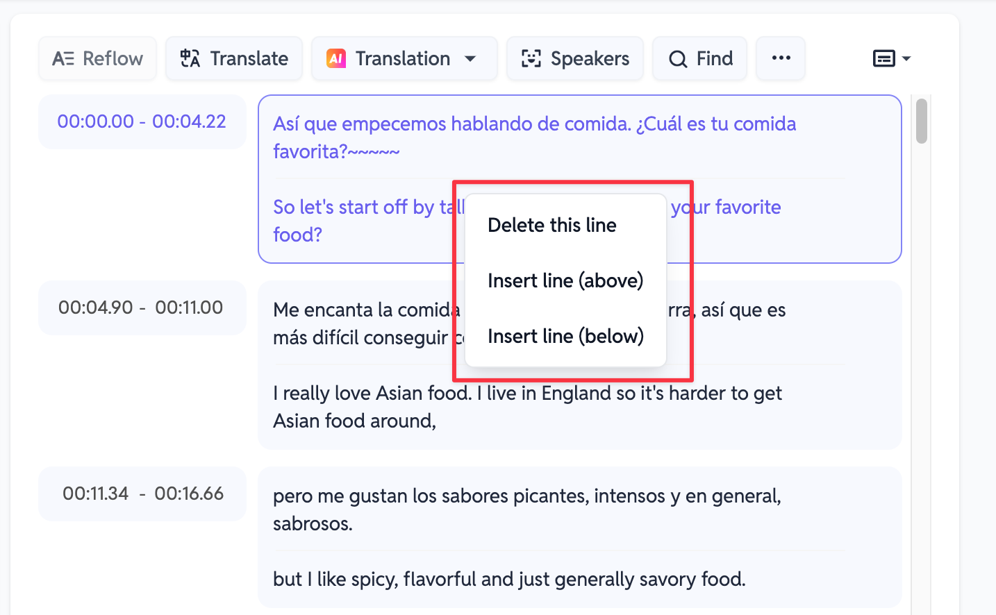 Édition du nombre de lignes sur SubEasy.ai - Capture d'écran de SubEasy.ai montrant la fonctionnalité d'édition du nombre de lignes de sous-titres, permettant aux utilisateurs de contrôler combien de lignes de texte sont affichées à l'écran en même temps.