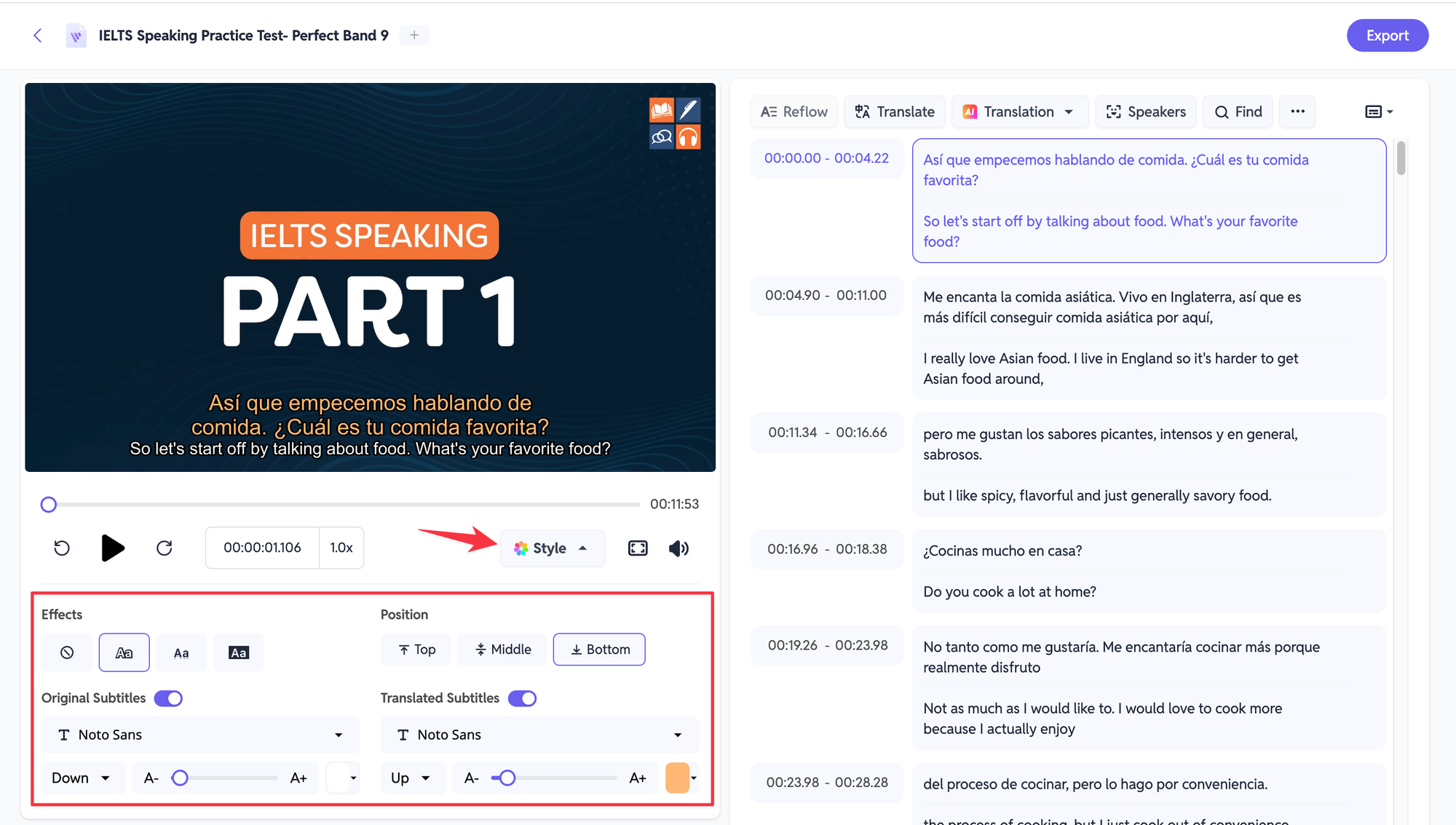 Édition des effets de sous-titres sur SubEasy.ai - Capture d'écran de SubEasy.ai montrant les options pour éditer les effets de sous-titres, permettant aux utilisateurs de personnaliser l'apparence des sous-titres avec différents styles, polices et effets.