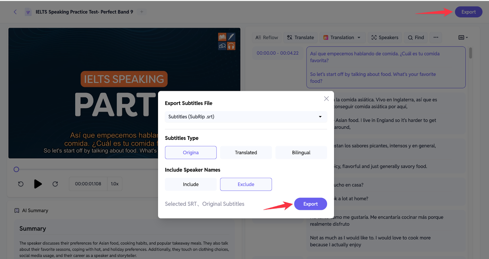 Configuraciones de Exportación en SubEasy.ai - Captura de pantalla de SubEasy.ai mostrando las opciones de configuración de exportación, permitiendo a los usuarios personalizar el formato y calidad de salida final de sus subtítulos antes de exportar.