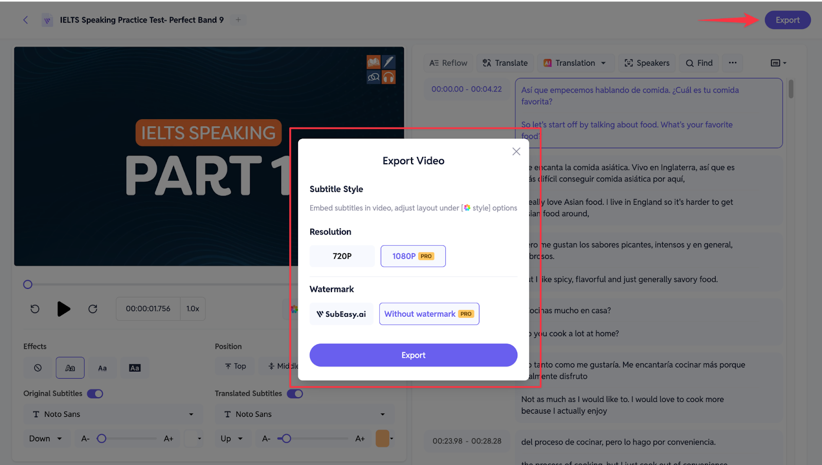 Ulteriori Impostazioni di Esportazione su SubEasy.ai - Screenshot di SubEasy.ai che mostra ulteriori opzioni per personalizzare le impostazioni di esportazione dei sottotitoli, permettendo agli utenti di affinare l'output finale secondo le loro esigenze specifiche.