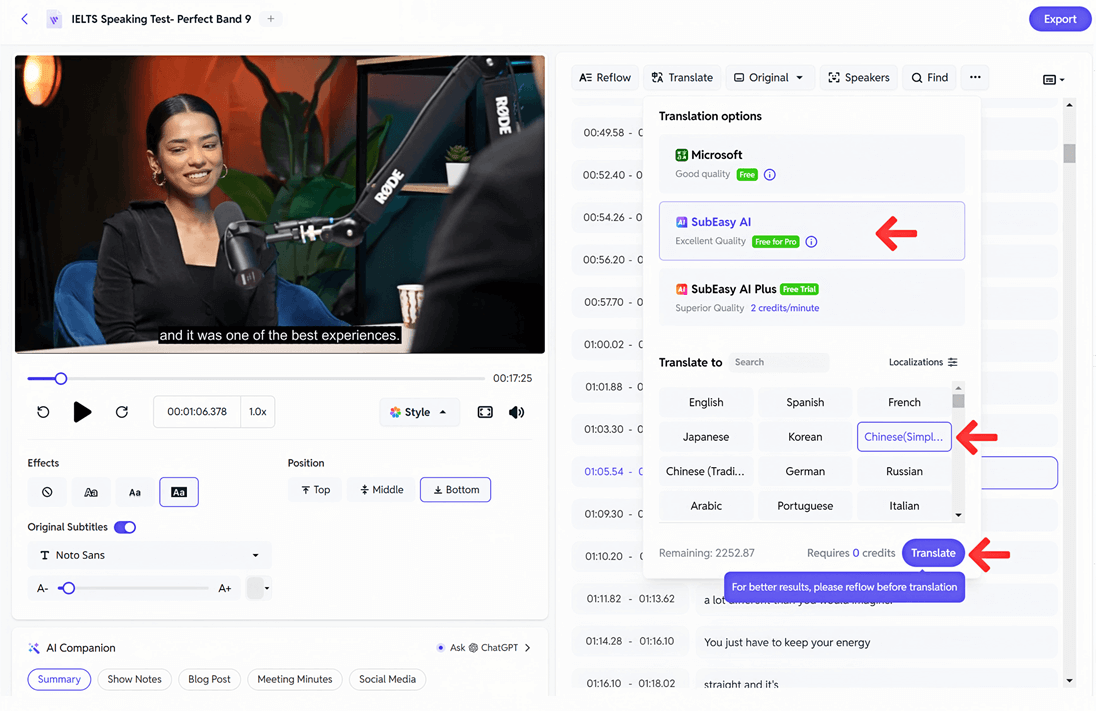 Choose the language for your subtitles from the dropdown menu.