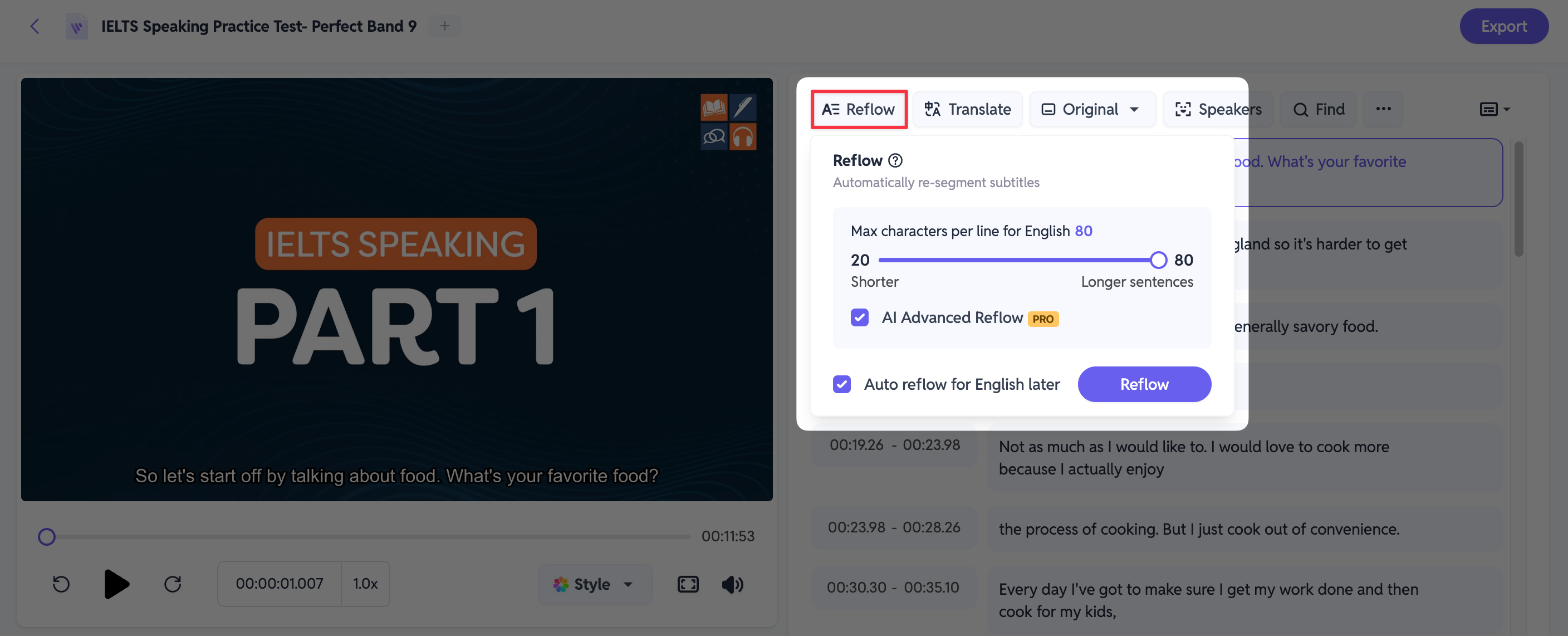 Interface de definições de Reflow de IA no SubEasy, destacando opções para re-segmentar automaticamente as legendas. Esta imagem mostra funcionalidades de personalização como definir o número máximo de caracteres por linha, ativar o Reflow Avançado de IA, e reflow automático para legendas em inglês.