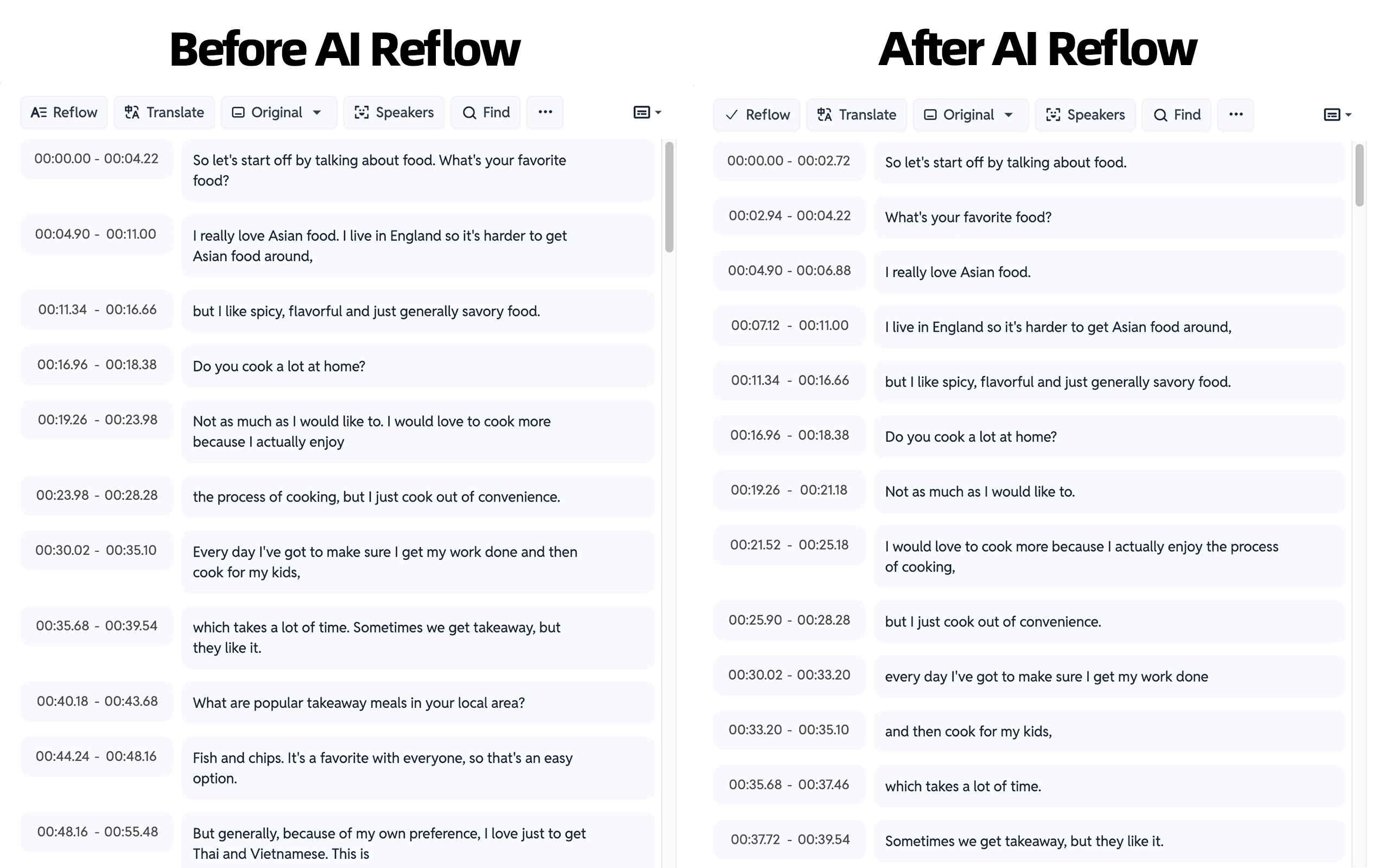 Comparação de legendas antes e depois de usar a funcionalidade de Reflow de IA do SubEasy. A imagem mostra as legendas reflowed sendo mais concisas e melhor segmentadas, tornando-as mais fáceis de ler e seguir durante a reprodução do vídeo.