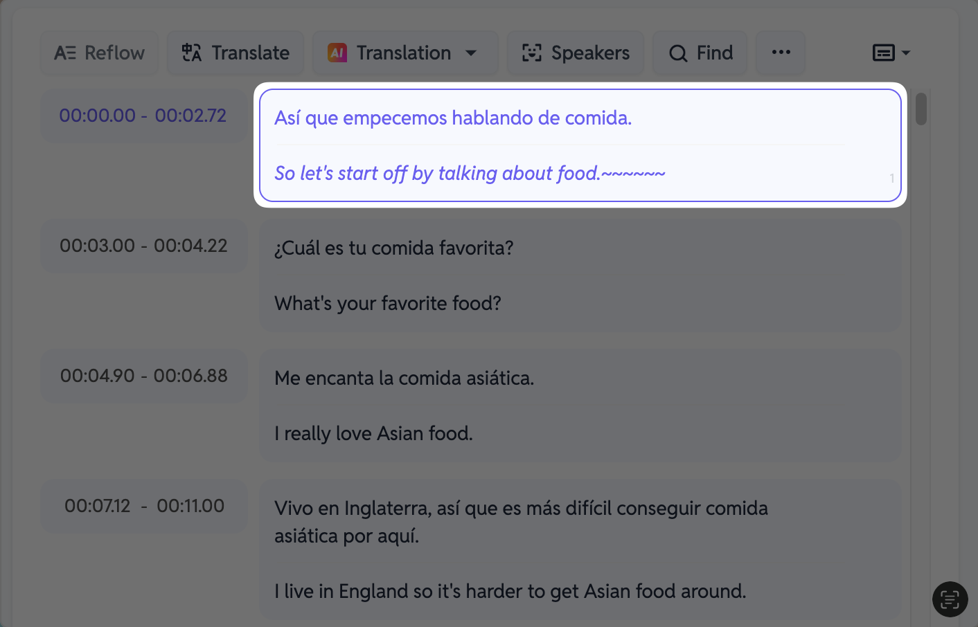 Interfaz de edición de subtítulos en SubEasy, mostrando la traducción de una línea de subtítulos de español a inglés. La interfaz resalta la sincronización precisa y las opciones de edición disponibles para la personalización de subtítulos.