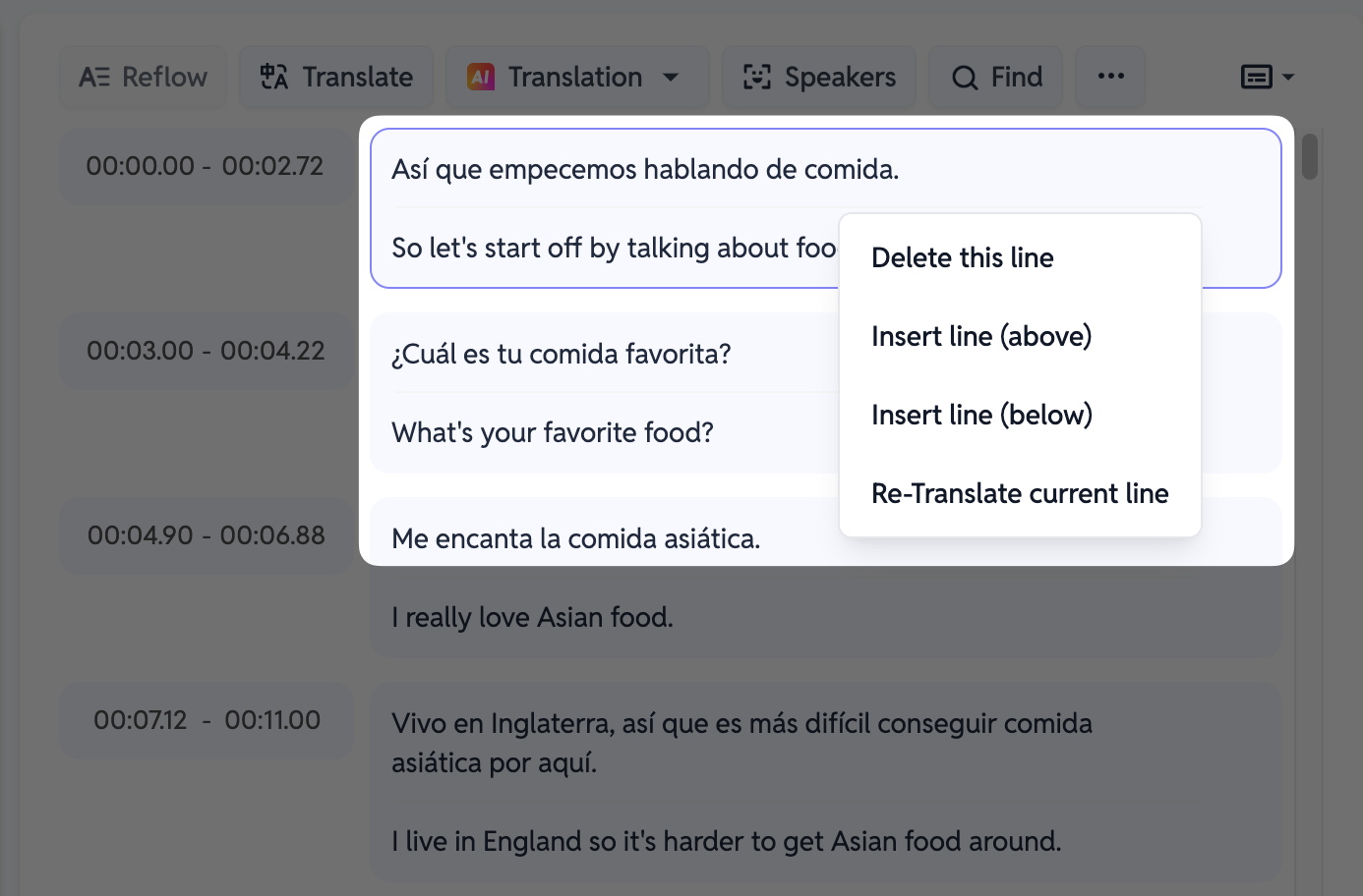 Opciones de edición de líneas de subtítulos en SubEasy, mostrando funciones como eliminar una línea, insertar una línea arriba o abajo, y volver a traducir la línea actual. Esta interfaz permite a los usuarios ajustar el contenido de los subtítulos de manera eficiente.