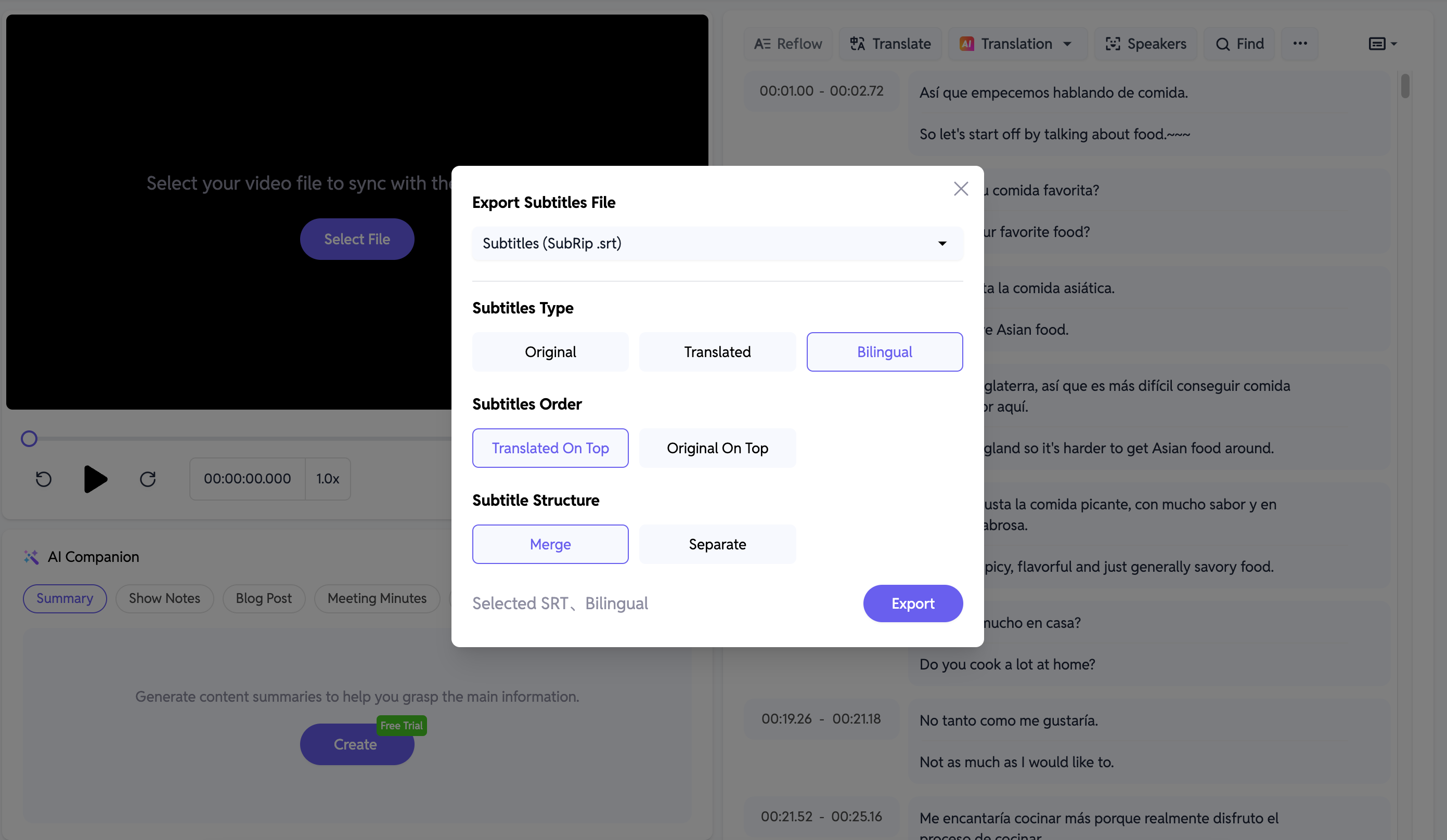 Configurações de exportação de legendas no SubEasy, apresentando opções para escolher o tipo de legendas (Original, Traduzido, Bilíngue), ordem e estrutura (Mesclar ou Separar). Esta interface permite a exportação personalizada de legendas em vários formatos.